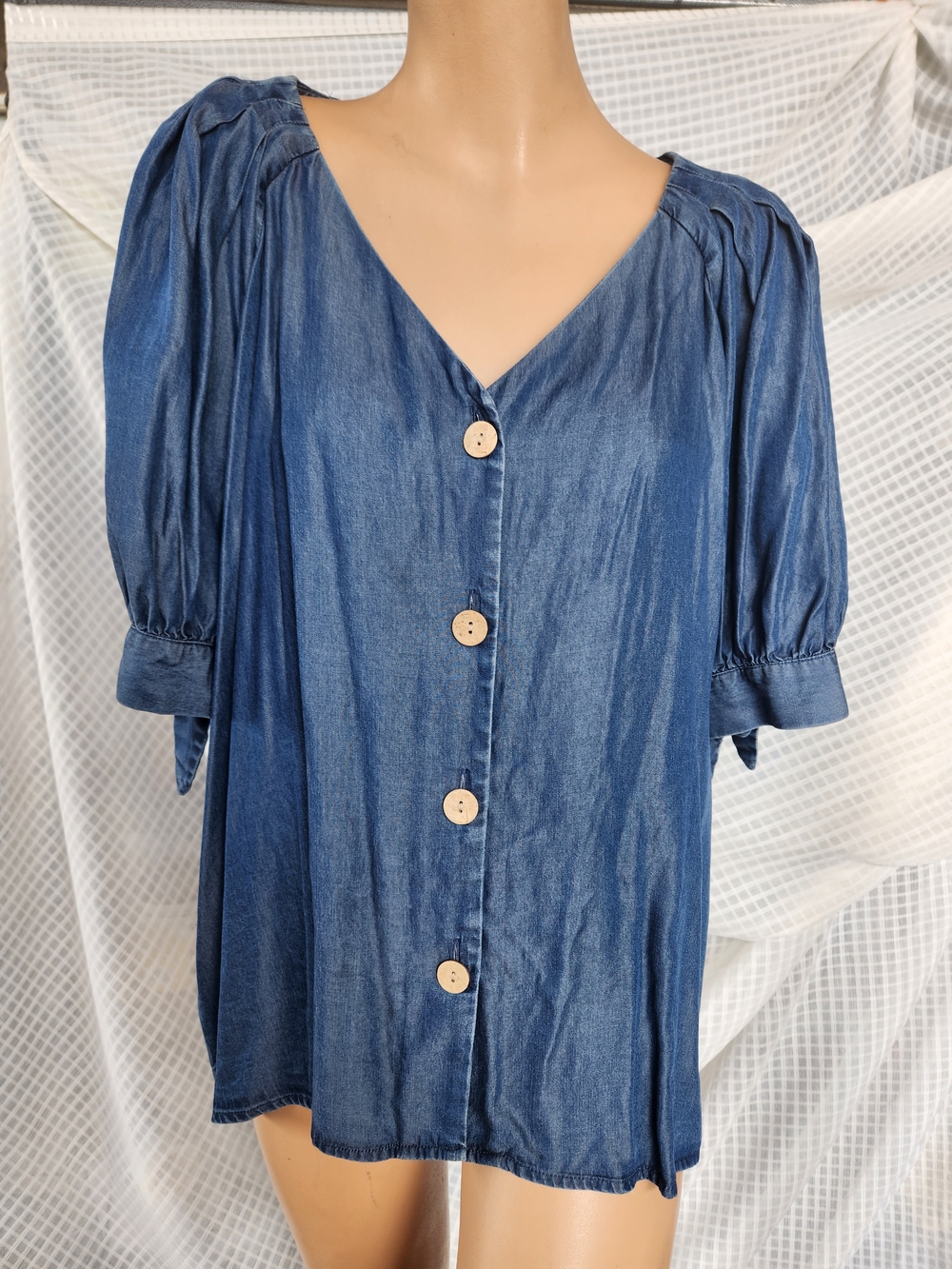 LC Lauren Conrad Denim-Blue V-Neck Button Front Blouse